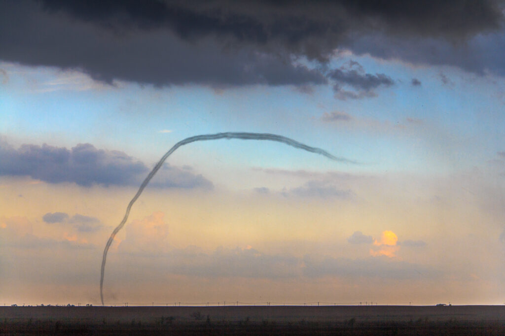 A roping out tornado near Wakita, OK on September 17, 2011. The tornado is not fully condensed anymore, but still doing damage as it stretches on the ground.