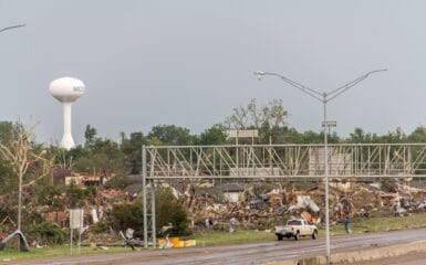 Looking Southeast off the 4th street bridge towards I-35/East Moore