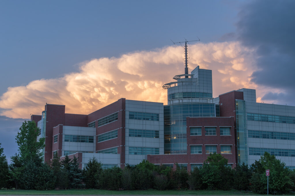 A storm anvil over the National Weather Center in Norman, OK on April 25, 2017