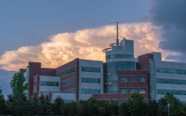 A storm anvil over the National Weather Center in Norman, OK on April 25, 2017