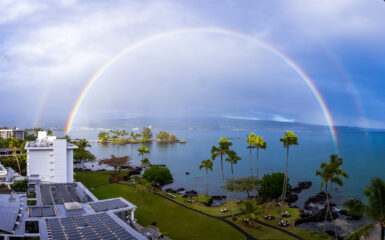 Bright rainbow over the bay in Hilo from my hotel room at the Grand Naniloa Doubletree in Hilo